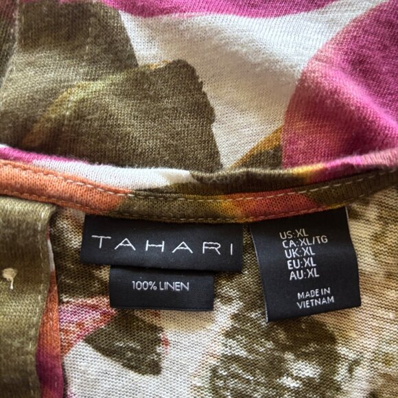Tahari Women's 100% Linen Floral Short Sleeve Top Size XL Button Up Back - Picture 7 of 7